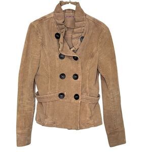 Hudson Jeans Corduroy Jacket Size Medium Tan Ruffle Collar Double Breasted